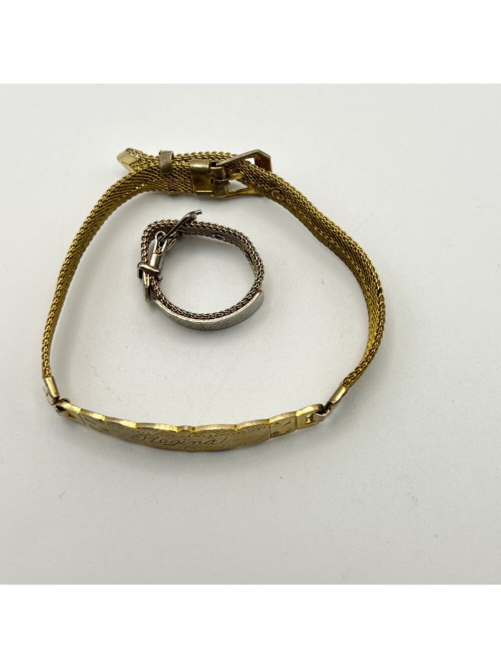 Vintage Gold Tone ID Bracelet Ring Set "Regina" Mesh Belt Buckle Adjustable - Picture 2 of 10